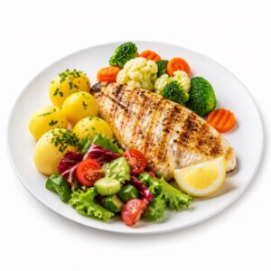 Fitnessteller mit gegrilltem Fisch